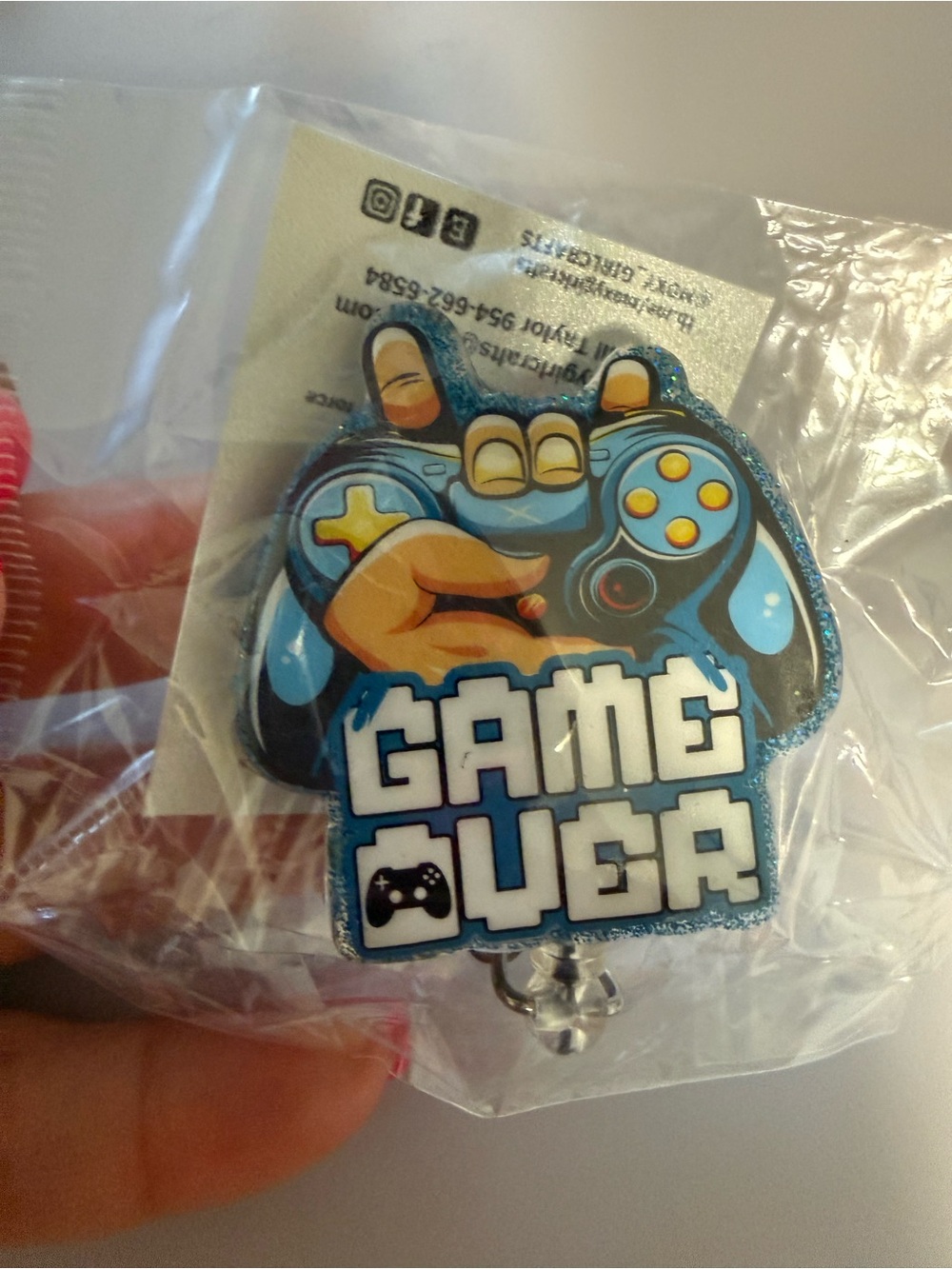 Blue 'Game‎ Over' Video Game Controller badge reel